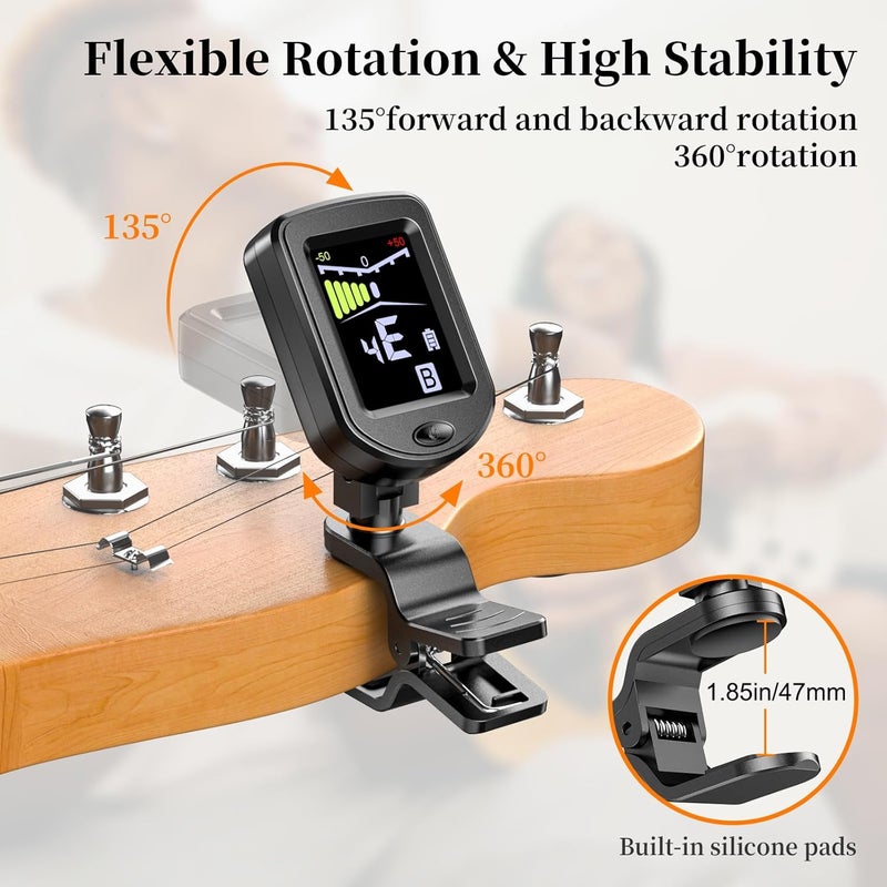 NewBee Clip-On Guitar Tuner Rechargeable with Color Screen 360° Rotatable Chromatic Tuner for Guitar, Bass, Ukulele, Violin (Black, 1 Pack) - Image 5